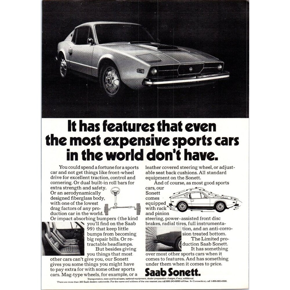 1973 Saab Sonett Sports Car Vintage Print Ad Front Showroom View 70s Wall Art